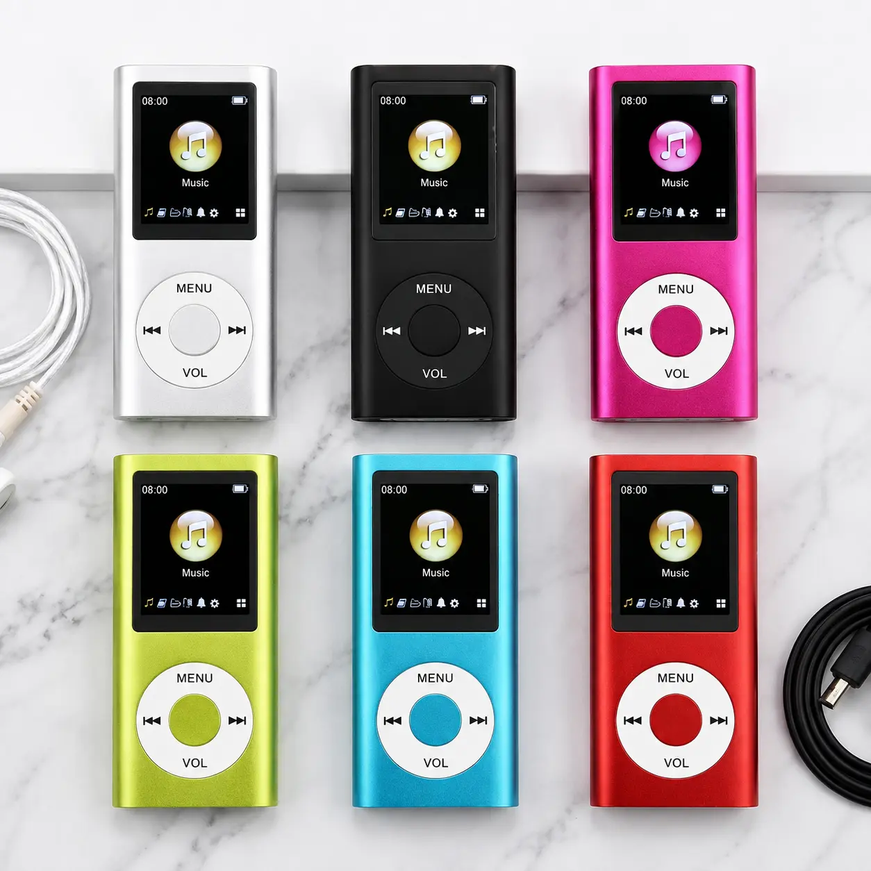 Ultra-thin portable MP3 player with a 1.8-inch LCD display, lossless music playback, up to 8 hours of battery life, premium aluminum alloy material, includes earphones and connecting cable (supports up to 64GB storage capacity).