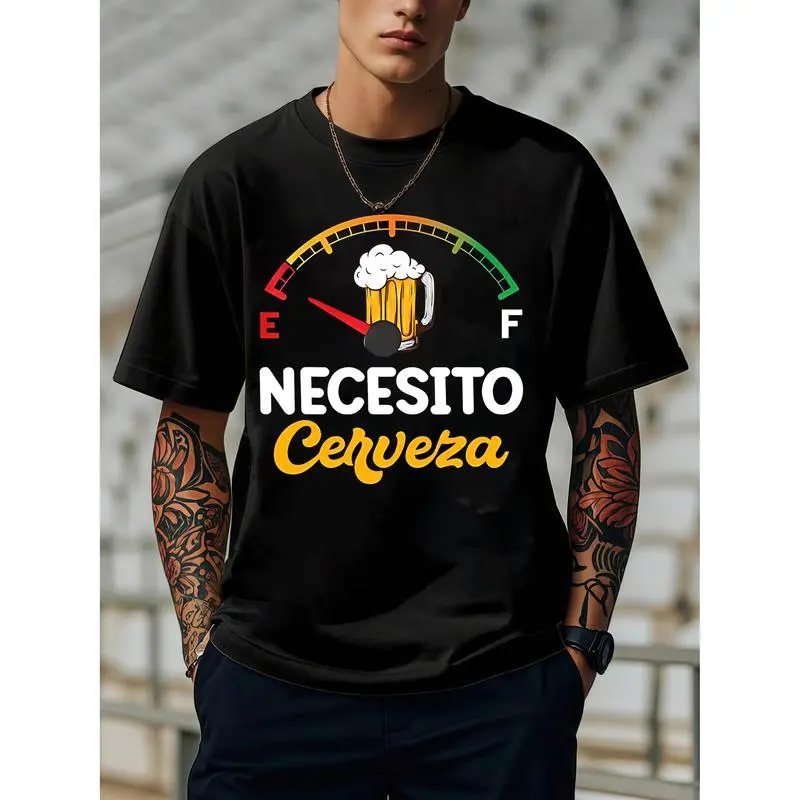 UNISHE Men's Loose Round Neck Short-Sleeve Graphic T-Shirt - 100% Cotton Unisex Tee, "Necesito Cerveza" Beer Celebration Gift, Top-Grade Digital Print, Comfortable Vibrant Design