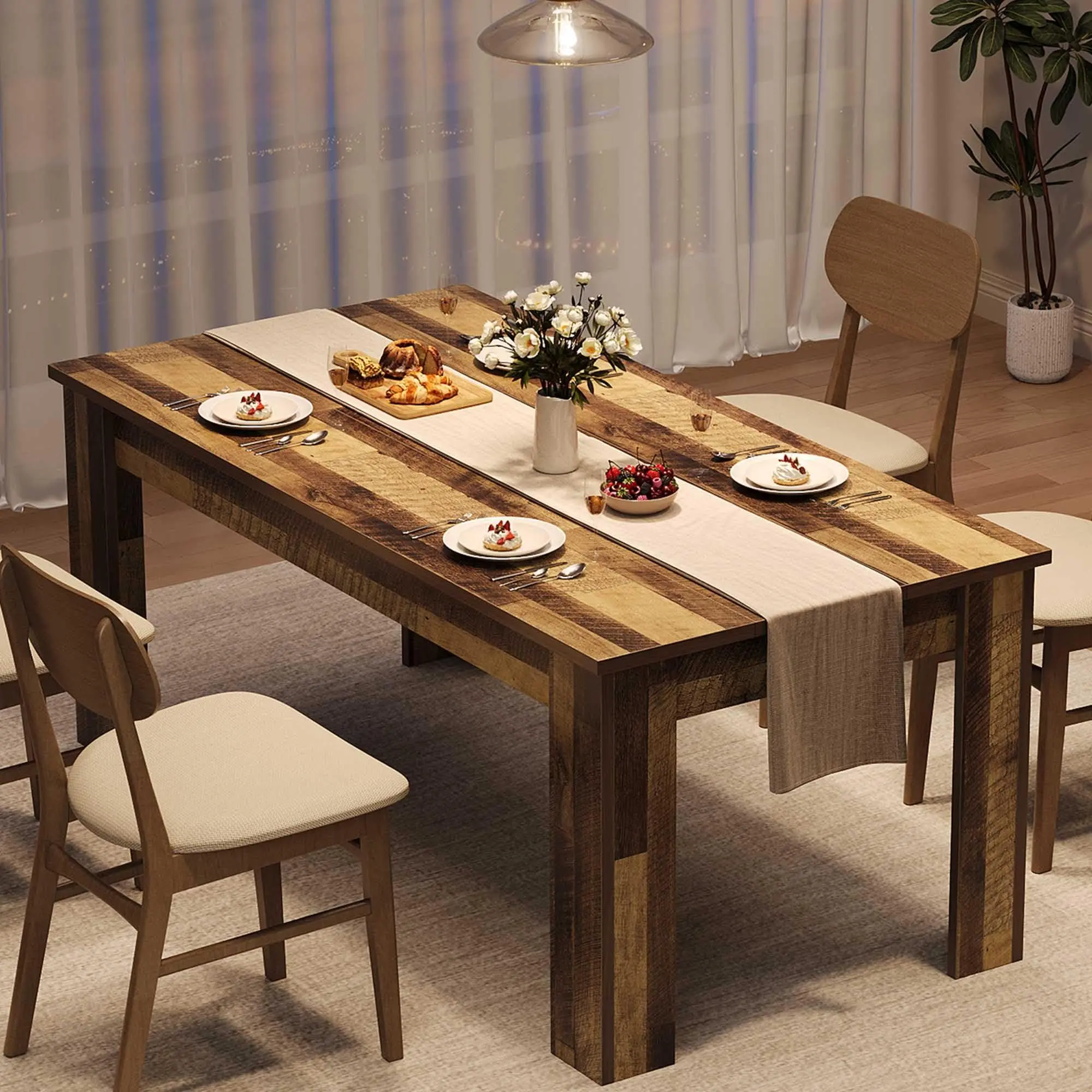 Rustic Brown 63" Dining Table for 4-6, Farmhouse Style, Space-Saving Rectangular Kitchen Table, Durable Wood, Ideal for Small Spaces & Apartments