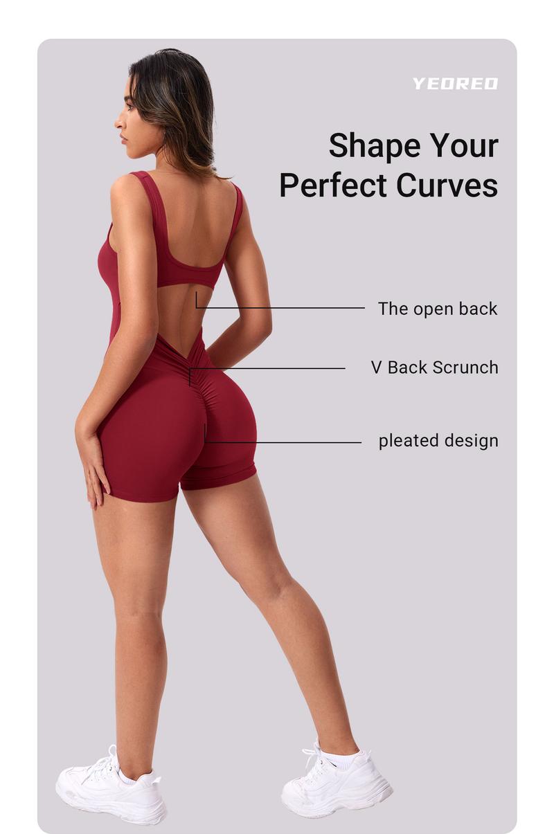 YEOREO One Piece Workout Jumpsuits for Women Backless Tummy Control Sleeveless Jumpsuits Lizvette V Back Scrunch Yoga Romper