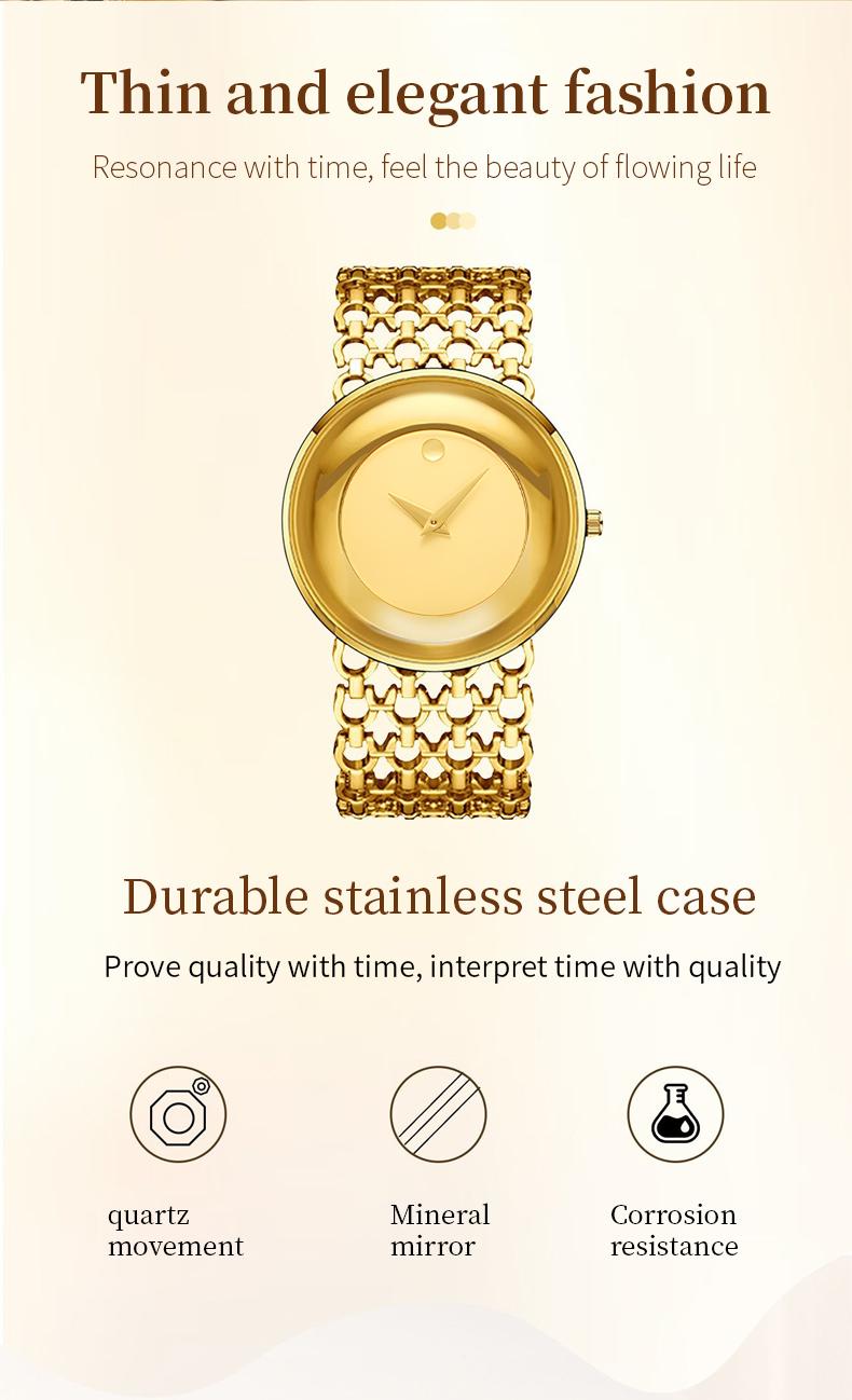 Luxury Round Bracelet Watch    Fashionable Women's Wristwatch Gold Black Dual Color Options Waterproof Free Size Adjustment Suitable for Daily Wear