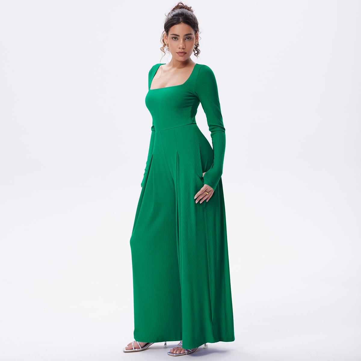 OQQ Women's Long Sleeve Square Neck Wide Leg Jumpsuit With Pockets Casual Fashion Lightweight One Piece Jumpsuits SpringStatements