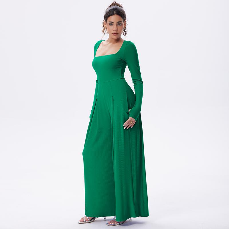 OQQ Women's Long Sleeve Square Neck Wide Leg Jumpsuit With Pockets Casual Fashion Lightweight One Piece Jumpsuits