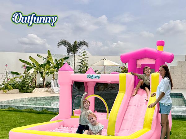 Outfunny Inflatable Bounce House Large Bouncy Castle for Kids with Slide Outdoor & Indoor 450W Blower 6 in 1 Interactive Play Zones Safety First Year Round Fun Gift
