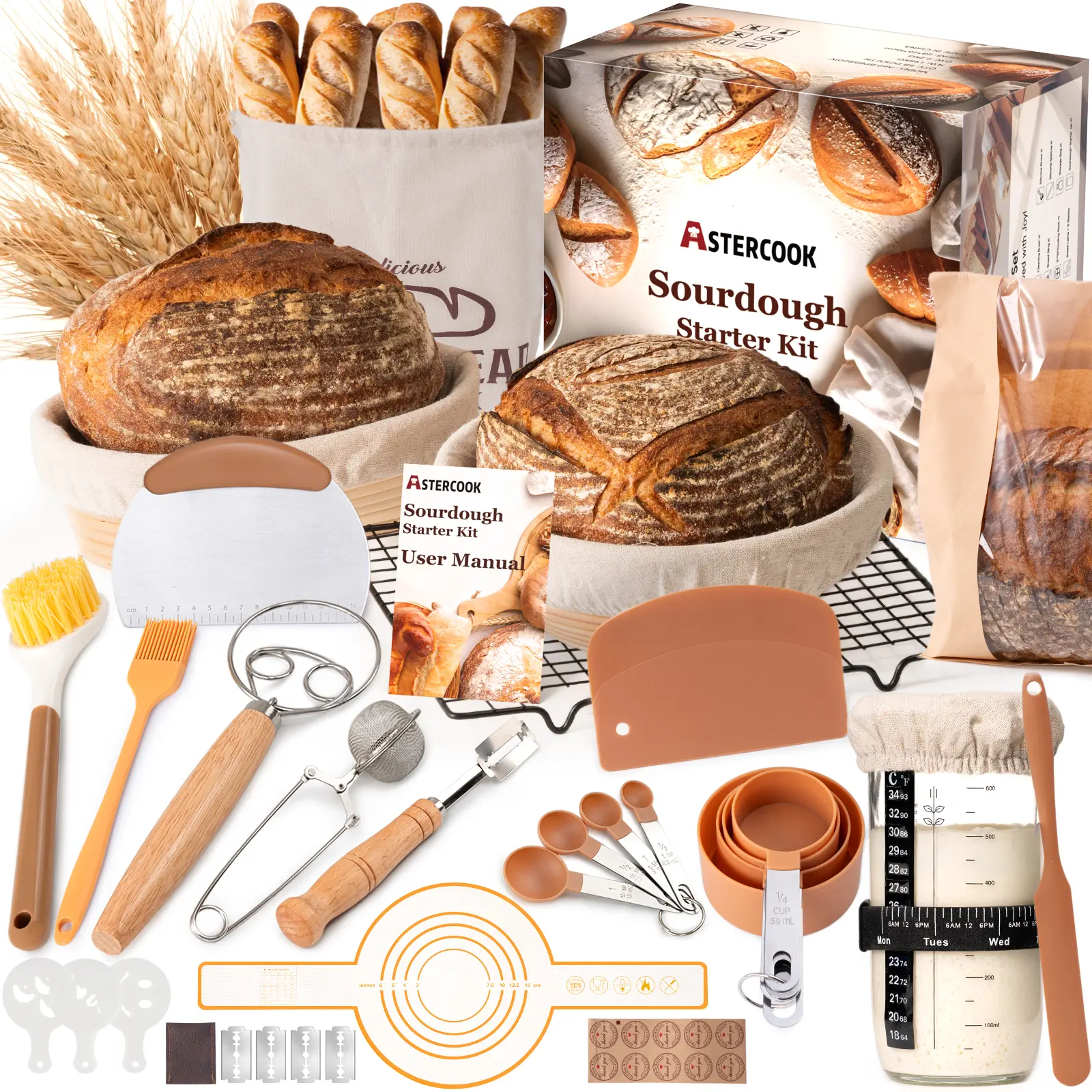 【Mother's Day Special】Astercook Sourdough Starter Kit with Round & Oval Banneton Bread Proofing Basket Bread Sling Starter Jar Dough Whisk Scrapers Stencils Cooling Rack & Bag Complete Baking Supplies Utensils Kitchen Bakeware #dealsforyoudays