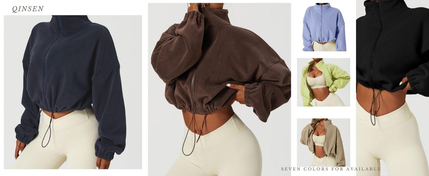 QINSEN Women's Full Zip Fleece Short Jacket Warm Winter Long Sleeve Stand Collar Sherpa Crop Coat Super Soft Polar Fleece Baggy Relaxed Fit for Cold Weather Activities