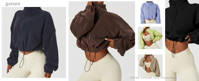 QINSEN Women's Full Zip Fleece Short Jacket Warm Winter Long Sleeve Stand Collar Sherpa Crop Coat Super Soft Polar Fleece Baggy Relaxed Fit for Cold Weather Activities