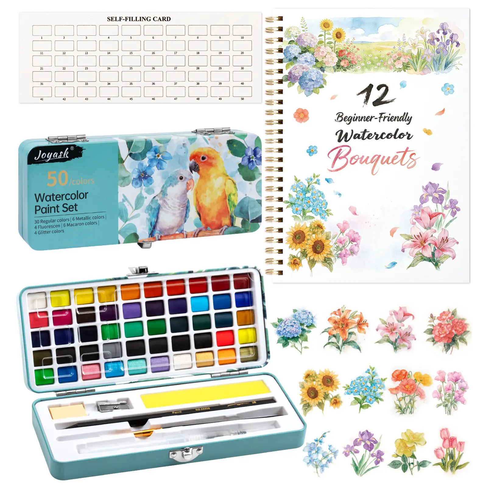 Watercolor Workbook, Water Coloring Book, 12 Different Patterns of Original DIY Designs, 50 Colors Watercolor Paint Set with Palette and Brush, Beginner-Friendly Watercolor Workbooks