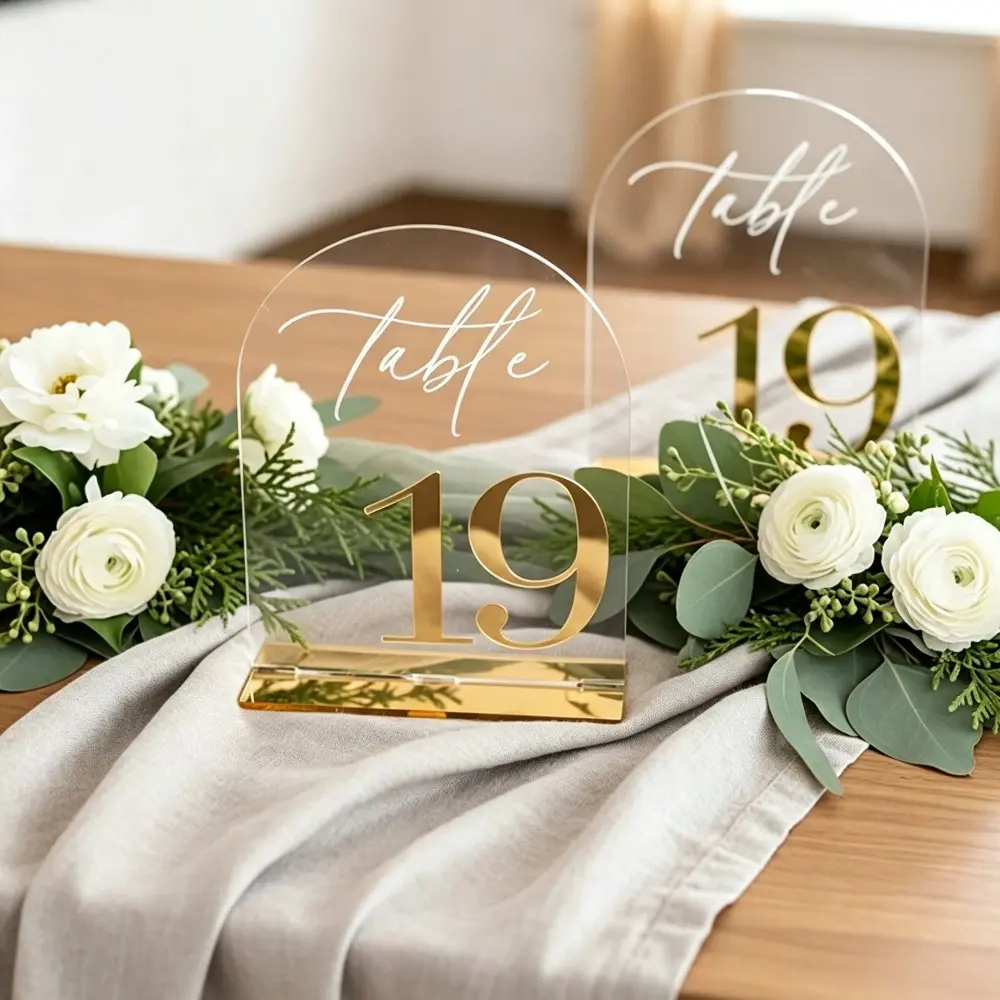 10pcs Shiny Acrylic Wedding Table Number Signs Set - Arched Shape Transparent Plates with Golden Bases, Easy Assemble Indoor Use Decor for Weddings, Banquets