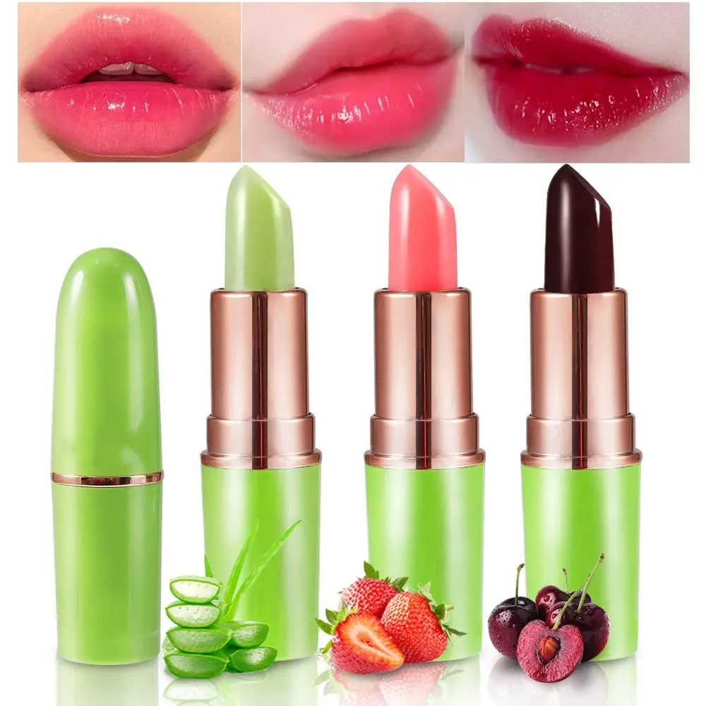 Women's 3-Piece PH Mood Color Changing Lipstick Cosmetic Set - Long-Lasting, Waterproof, Aloe Vera-Infused Lip Care Moisturizer with Strawberry, Black Red, Cherry Glossy Tones (Great Gift Option)