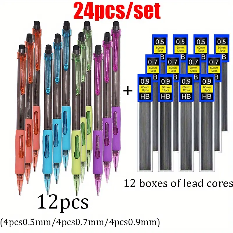 24pcs/set 0.5/0.7/0.9mm automatic pencil set, Art Mechanical Pencil, Mechanical Pencils Set, Art Materials, equipped with a non breakable pencil lead, smooth writing, suitable for office supplies such as writing, drawing, sketching, etc