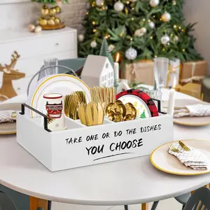 Flatware Organizers Paper Plate Dispenser with Handles, Paper Plate Holder for Kitchen Counter, Wood Rustic Silverware Utensil Caddy, White holiday multifunctional storage box non-food contact buy this multipurpose gift must have deal multi-function