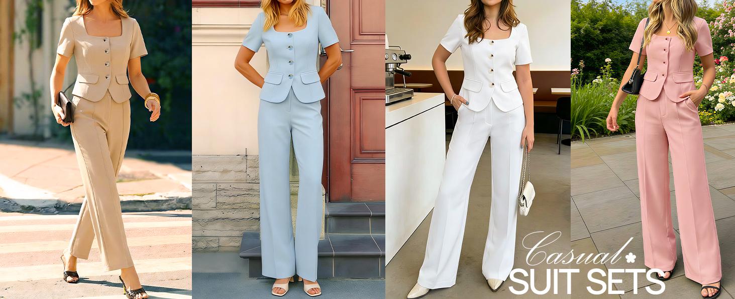 ZESICA Women's Summer Two Pieces Suits Set 2026 Short Sleeve Blazer Wide Leg Pants Business Casual Outfits Sets ZESICA Women's Summer Two Pieces Suits Set 2026 Short Sleeve Blazer Wide Leg Pants Business Casual Outfits Sets