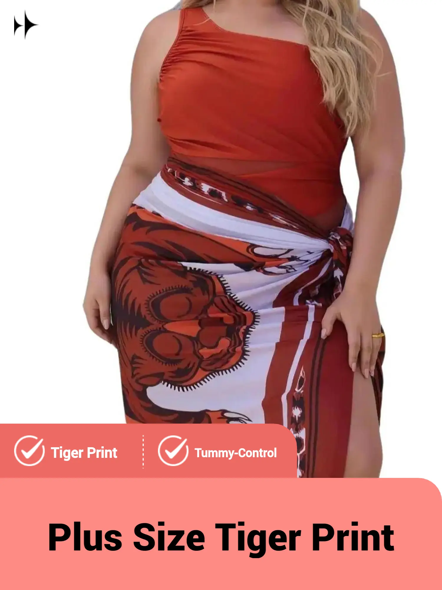 Women's Plus Size 1-Shoulder 2-Piece Swimdresses Set - Ruched Mesh Cutout Tiger Print Wrap Sarong Skirt, Tummy-Control Beach Outfit for 2026 Summer Vacation, Flowy Cross Design Plus Size Swimwear with Vibrant Designs Swimdresses Style