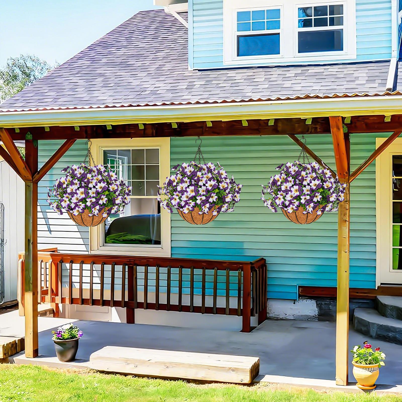 2 Pcs Artificial pansy hanging plant basket, perfect for summer outdoor decoration, made of realistic silk material, UV-resistant, featuring vibrant daisies and eucalyptus leaves, suitable for porches, homes, patios, balconies, and gardens.