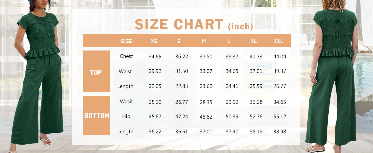 WoodBerry Women's 2-Piece Smocked Top & Wide-Leg Pants Set–High-Waisted Lounge  Outfit with Pockets Casual Boho Matching Set Minimalist Basic Crewneck Clothes Suits Fitted