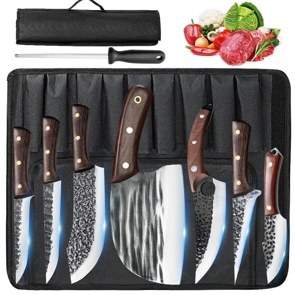 8PCS Professional Chef Knife Set, High Carbon Steel Butcher Knife Set, Japanese Damascus Pattern, Hand Forged for Kitchen or Restaurant, with Roll Bag, Outdoor Camping & BBQ, Meat Cutting Tools, Gifts for Men Women#fathersdaygift