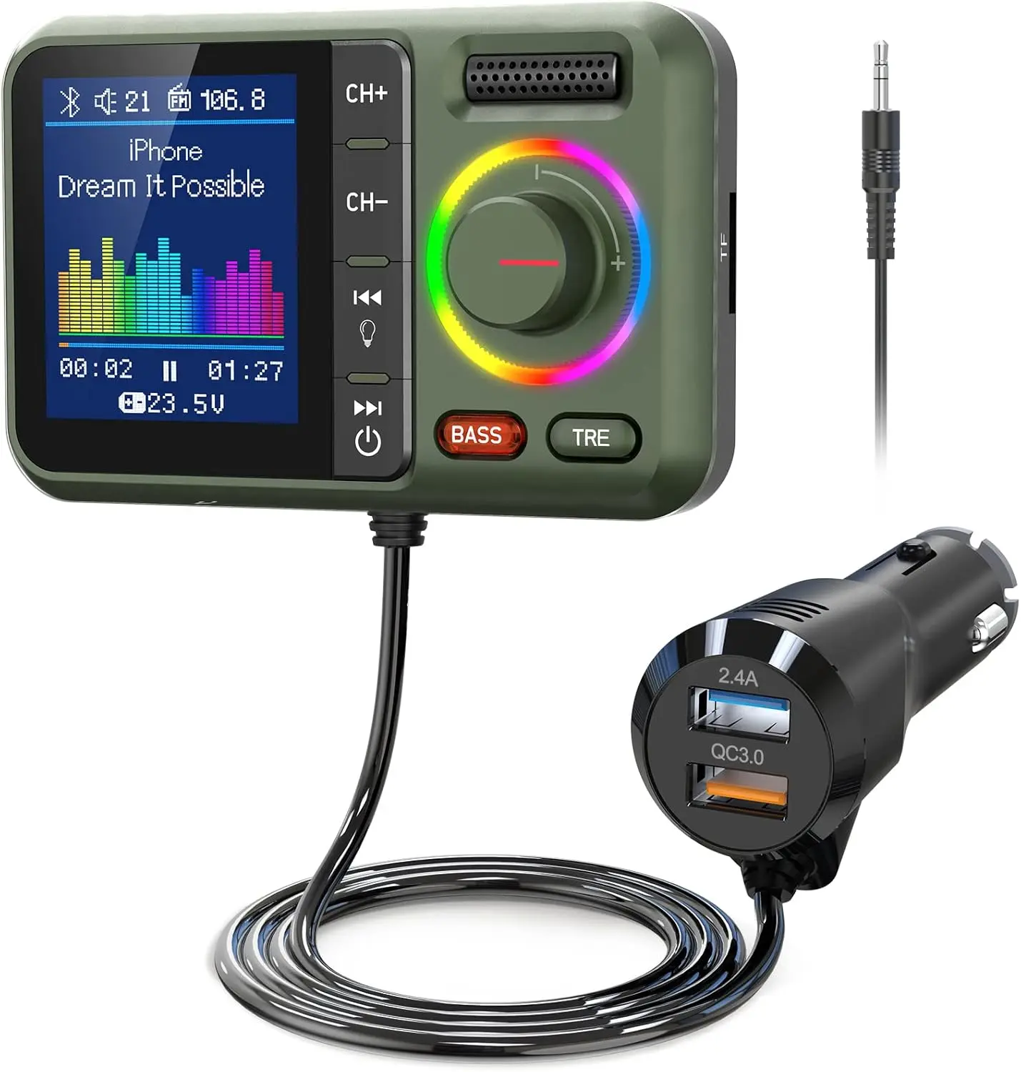 Car Bluetooth FM Transmitter (KM28 Green) with Large Color Touchscreen, 8 LED Backlit Modes, QC3.0 Port, Dual USB Charging Port, CVC&DSP Noise Cancellation, Hands Free Calls, MP3 Music Player with BASS&E Booster, TF Card & AUX Cable Support, Adapter, Driv