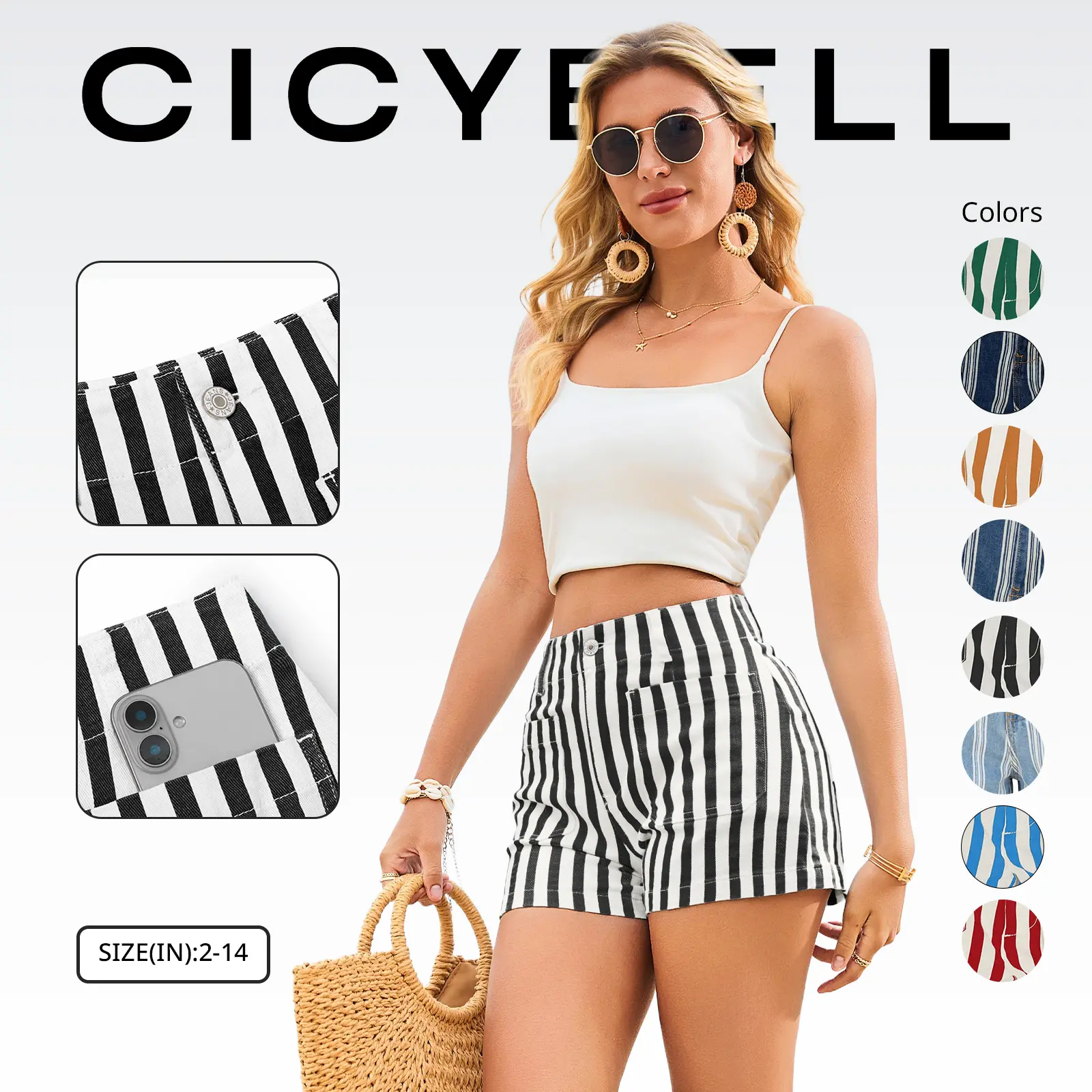 Cicy Bell Womens Summer Striped Jean Shorts Casual High Waisted Wide Leg Denim Shorts Above The Knee Beach Vacation Jorts