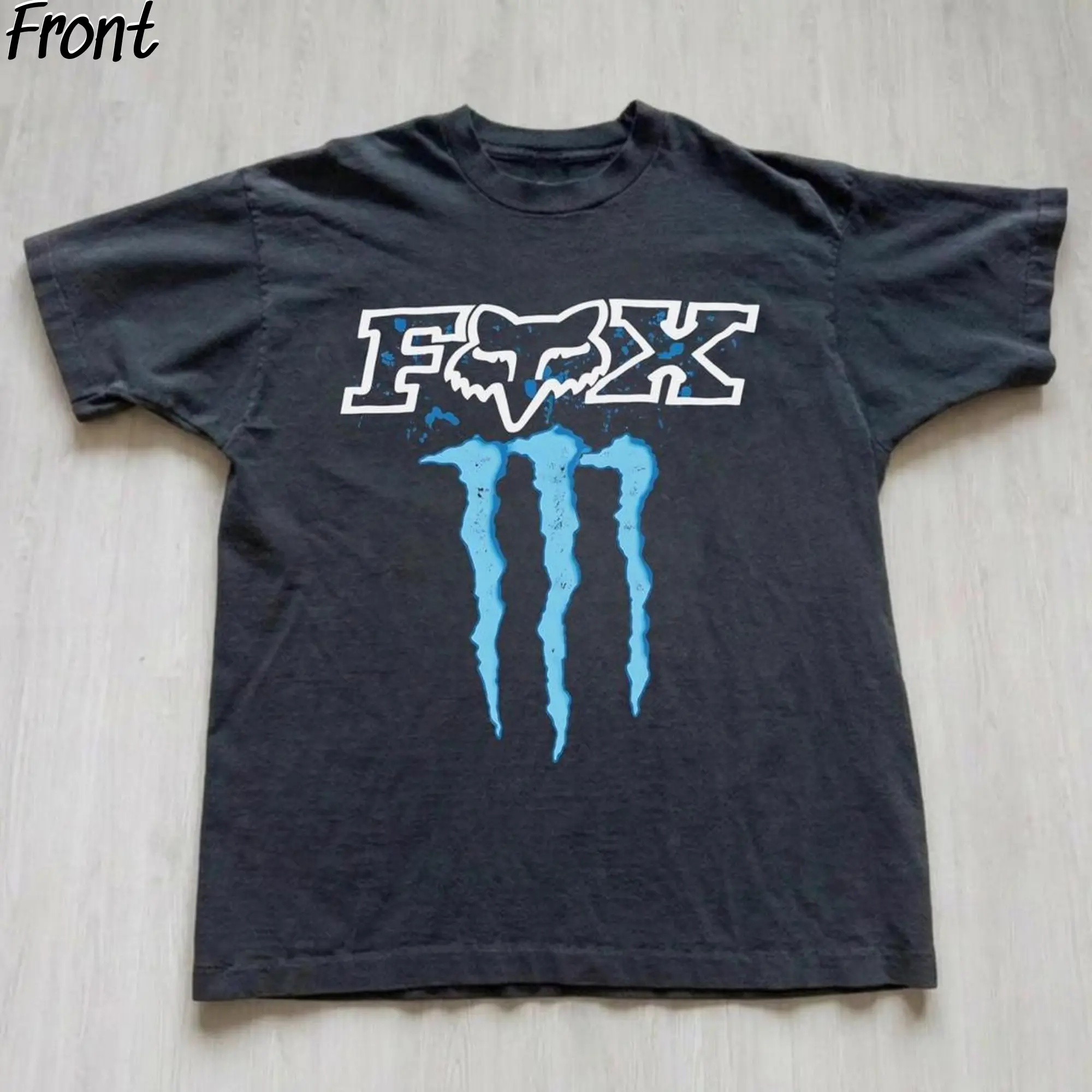 F0x Racing x Monster Energy with Blue Accents Graphic Tee, Racing Shirt, Monster Logo Shirt, Grunge Gothic Tees, Aesthetic Shirt, Motocross Merch, Y2K Emo Scene Amity Affliction Style, 100% Cotton Lightweight Shortsleeve, Streetwear Vibes