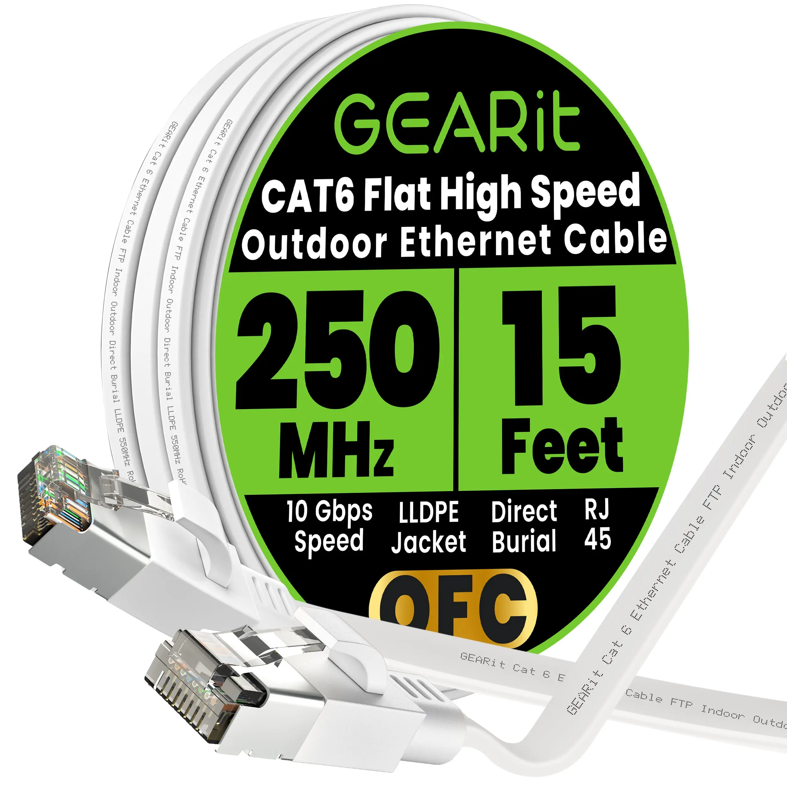 GEARit White Cat6 Flat Design FTP Outdoor Ethernet Cable, Direct Burial, LLDPE Jacket for Gaming, Streaming