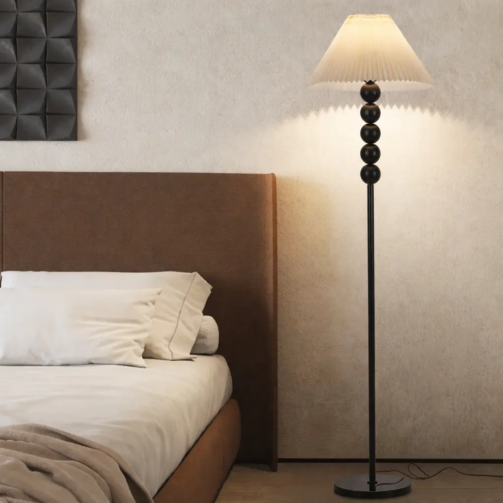 5-Bead Pleated Floor Lamp, Modern Black Standing Lamp with Sculptural Bead Base and Soft Fabric Shade for Living Room, Bedroom, Reading Corner, or Lounge Lighting