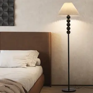 5-Bead Pleated Floor Lamp, Modern Black Standing Lamp with Sculptural Bead Base and Soft Fabric Shade for Living Room, Bedroom, Reading Corner, or Lounge Lighting