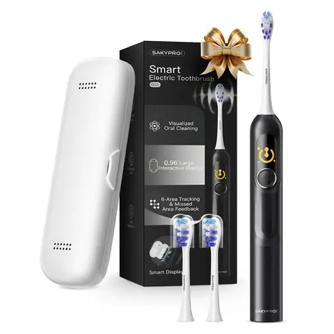 SAKYPRORAL AI Electric Toothbrush with Smart Display for Adults Kids | 150-Day Rechargeable Toothbrush, Real-Time Map |3-Min Timer, Travel Case | Teens Sonic Toothbrush Gift (G5S Black)