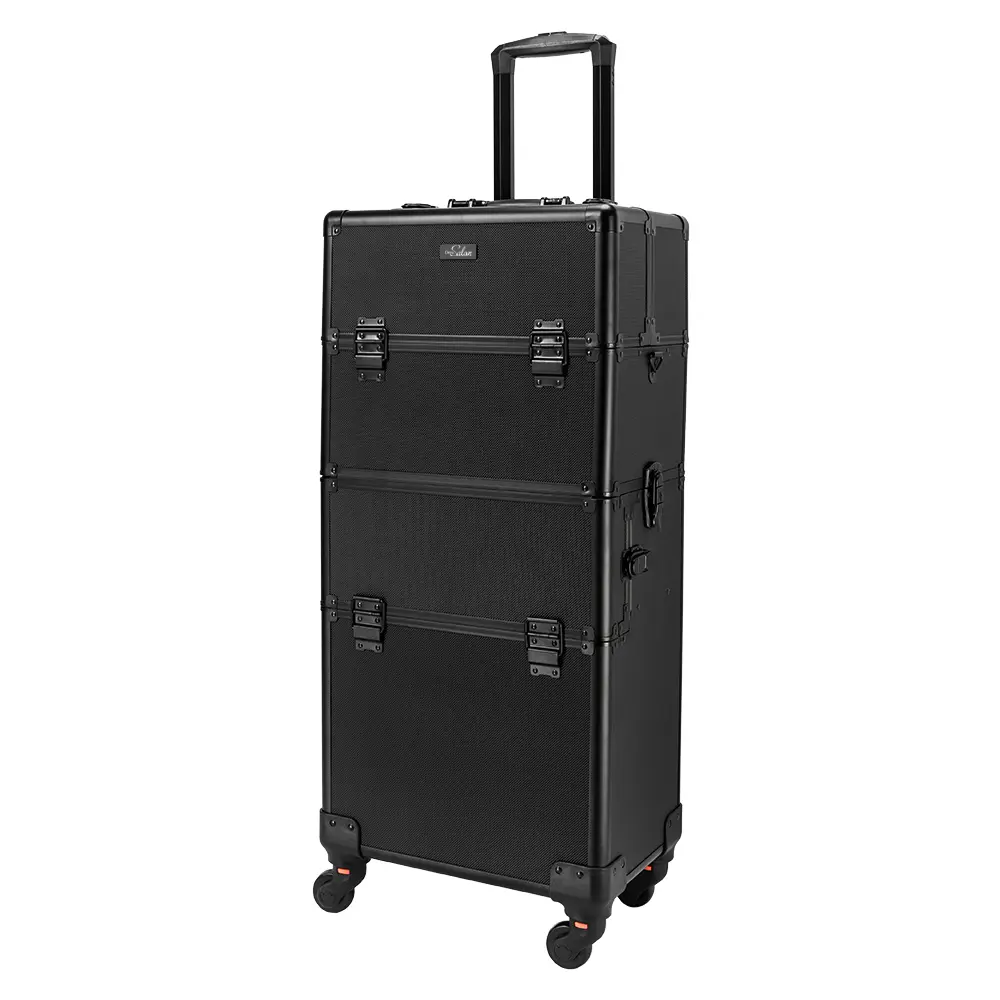 OmySalon 2-in-1 Rolling Makeup Train Case - Lockable Travel Cosmetic Bag, Cosmetics Organizer, Aluminum Cosmetology Supply Suitcase with 4 Removable Wheels