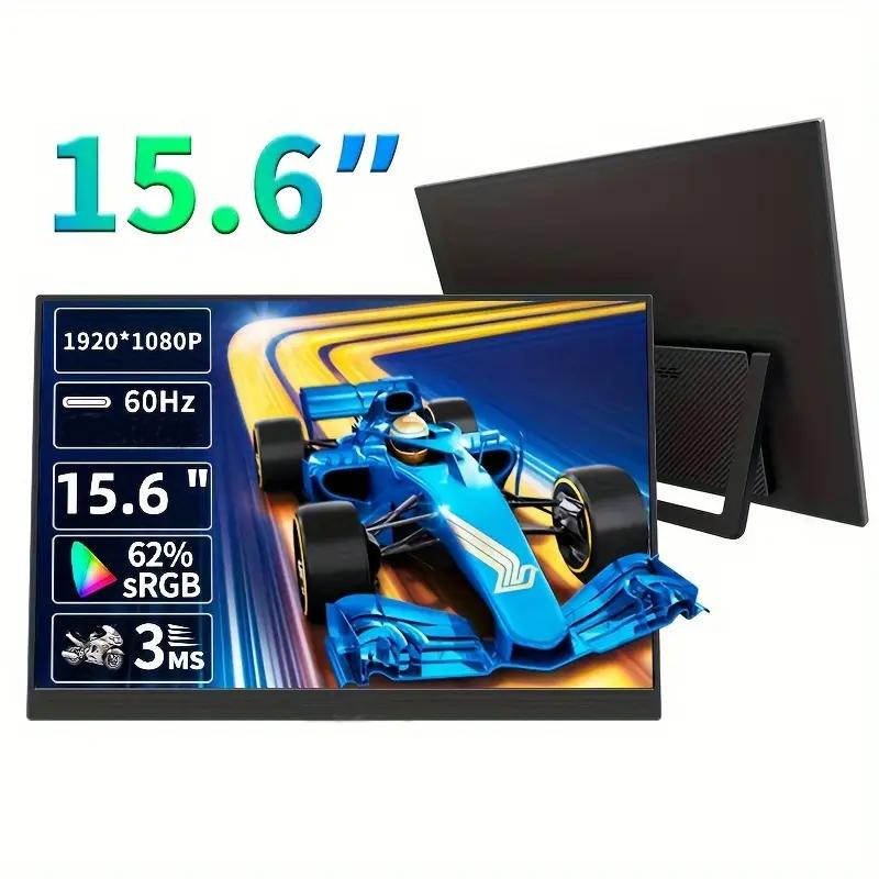 Ultra-Thin 15.6 Inch 1080P Portable Monitor | USB-C Travel Display with Stand, Suitable for Laptops, PCs, PS, IPS Zero Frame Game Display