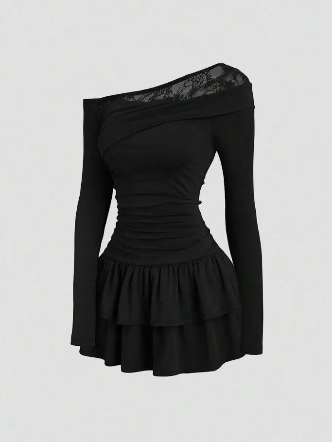 LUNA LAYER Womens Lace Patchwork Oblique Shoulder Cinched Waist Flared Mini Dress