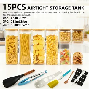 15 square glass storage jars, including note paper, note strips, cleaning brushes, pasta spoons, food clips, golden spoons - this product is suitable for storing grains, pasta, noodles, flour, coffee beans and other ingredients.
