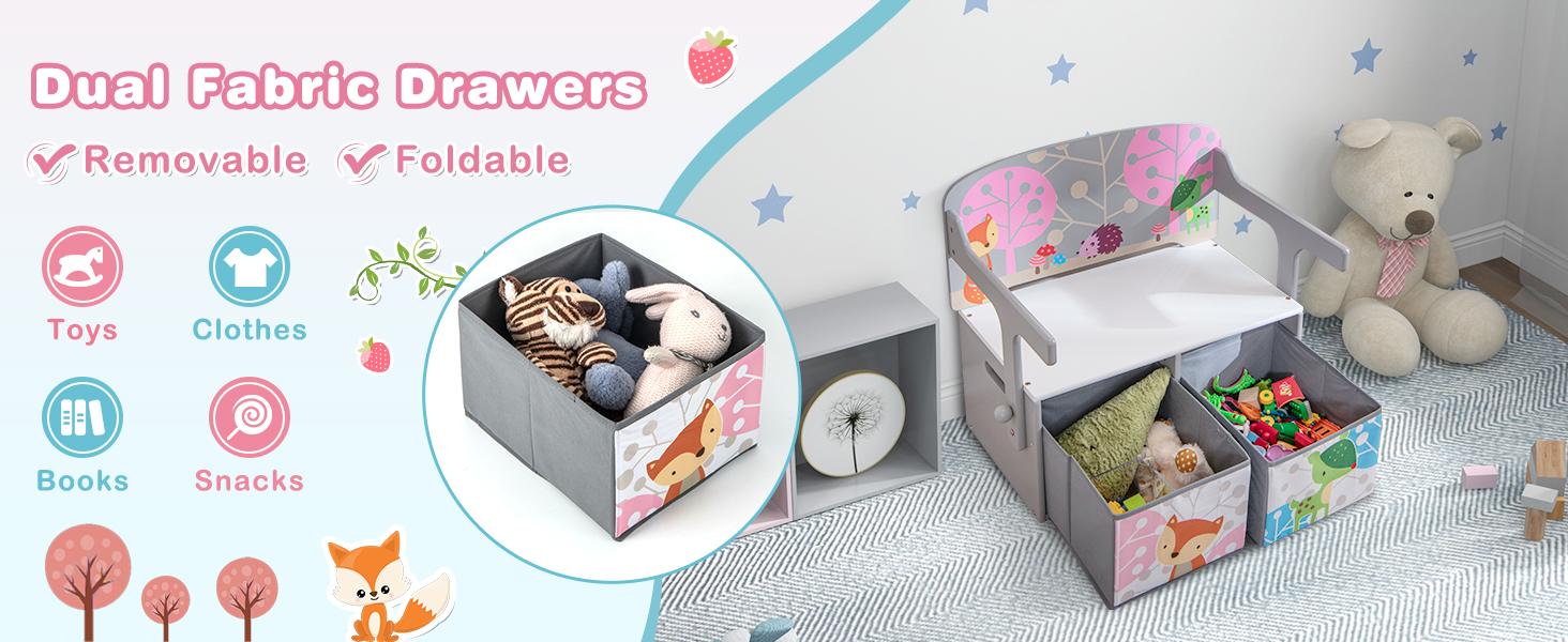 Costzon 3-in-1 Convertible Wooden Toy Storage Bench with Handle, 2 Bins for Kids Reading Nook, Toddler Table and Chair Set for Daycare Playroom Classroom,Christmas Festival Gift Black Friday Cyber Monday