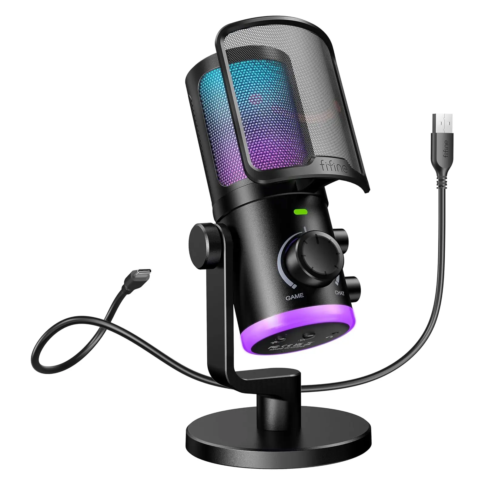 fifine AM6 Condenser Gaming Microphone, PC USB Microphone with Game Chat Balance, Desktop Computer RGB Mic with Quick Mute, Noise Cancellation for Podcasting/Streaming