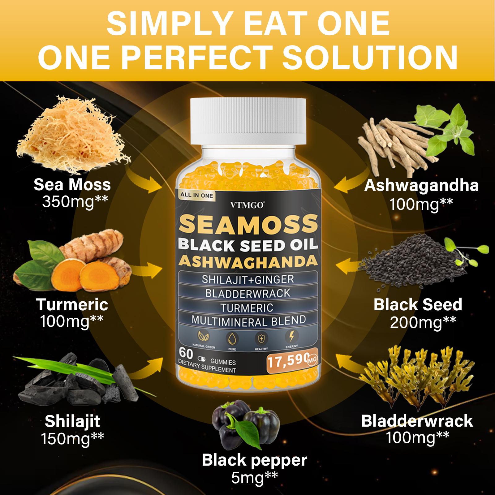 Organic Sea Moss Gummies with Black Seed Oil, Ashwagandha, Shilajit, Ginger, Bladderwrack, Turmeric & Multimineral Blend – Immune Support, Energy, Joint & Thyroid Health – Vegan, Non-GMO, Natural Supplement (60 Count)