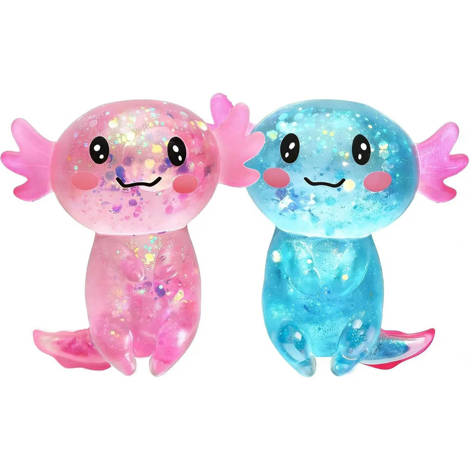 2PC Durable Comfortable Glitter Axolotl Sensory Squishy Balls - TPR Plastic Miniature Decompression Sensory Fidget Stress Balls Set, Crystal-Clear Outer Layer Salamander Home Decor Statues, Collectible Gifts, Unisex, One Hand Fits