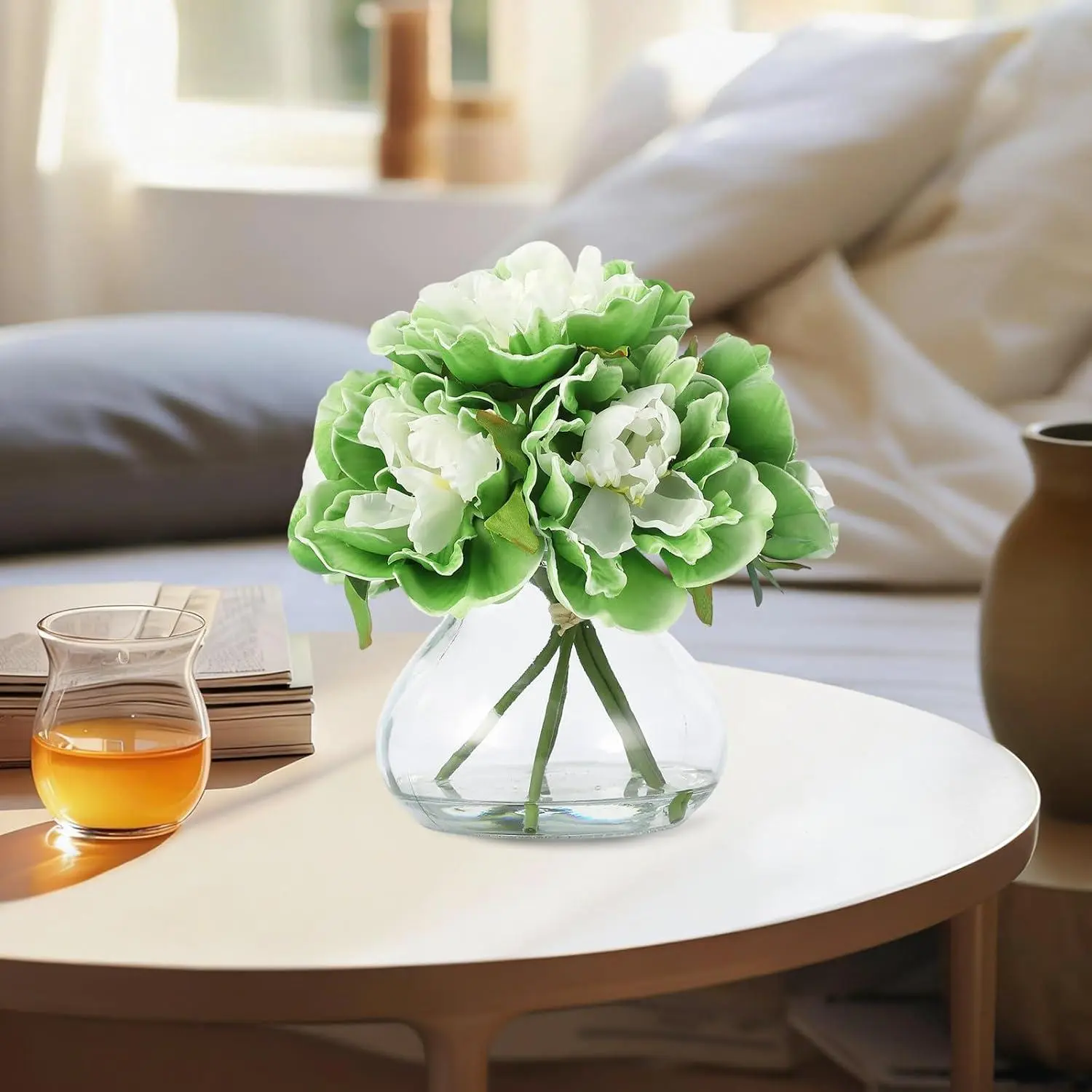 Realistic Look Faux Silk Peony Arrangement Set - Decorative Champagne Fake Flower Bouquet in Glass Vase Set with Faux Water, Green Home Centerpiece, Floral, Home Decor