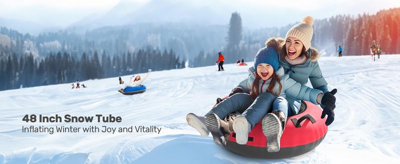 QPAU Inflatable Snow Tube with Premium Canvas Cover for Kids and Adults, Heavy Duty Snow Tube Made by Thickened Bottom, Sled Winter Outdoor Fun Toys for Children Boys Girls
