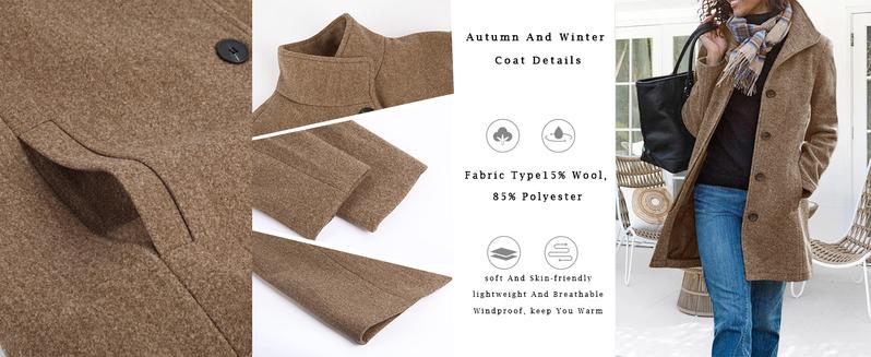 Utcoco Women's Thickened Single-Breasted Wool Pea Coat | Casual Mid-Length Stand Collar Jacket with Pockets | Oversized Denim Boyfriend Jacket & Pilot Jacket | Fall Winter New Arrivals