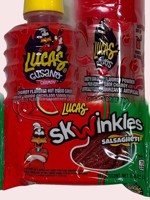 Family Three Pack Chamoy Pickle Kits with Takis, Lucas Powder, Liquid Lucas, Salsaghetti Skwinkles, Gushers and Fruit Rolls Ups Snacks Snack Gift