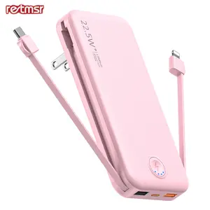 RETMSR 12000mAh Portable Power Bank with Built-in USB-C Cable & AC Plug 22.5W Super Fast Charging Compact Lightweight for Smartphone Travel Battery Pack Chargeable power bank