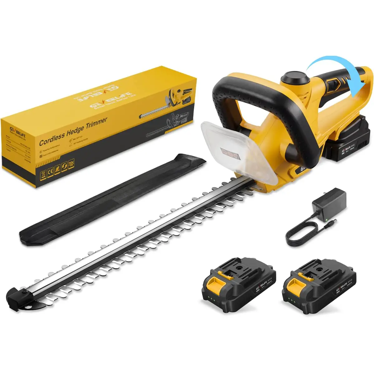 GEVEELIFE 20'' Hedge Trimmer Cordless, 3000RPM Electric Bush Trimmer with Dual-Action Blade, 180° Rotatable Handle & 5/8'' Blade Gap, 2×2.0Ah Battery Powered Hedge Trimmer for Garden Yard,Electric Grease Gun Tool Box Tool Kit