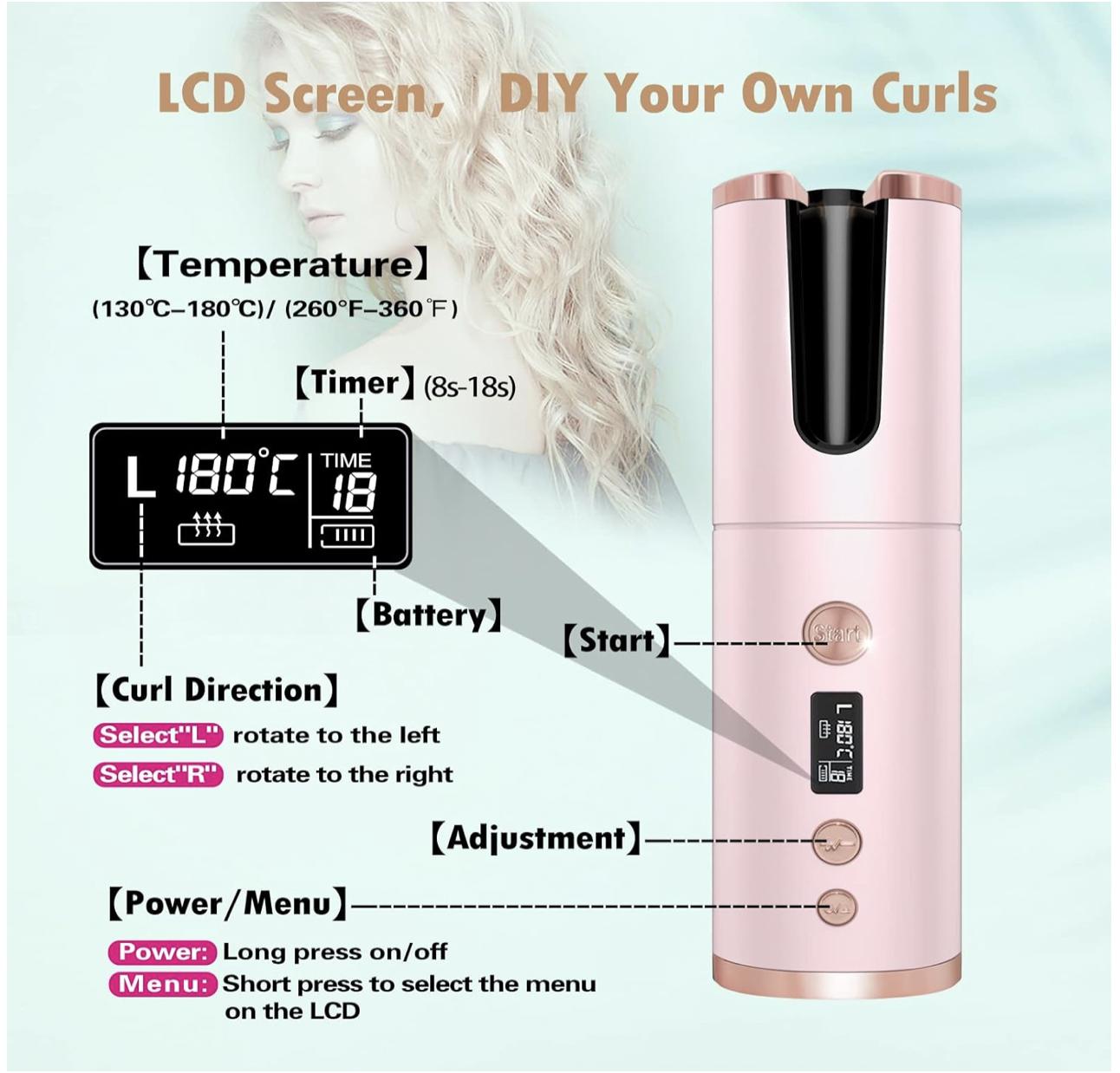 Cordless Automatic Hair Curler, Auto Curling Iron with LCD Display Adjustable Temperature & Timer, Ceramic Hair Curler USB Charging and Rechargeable, Portable Hair Styler for Travel (Pink)