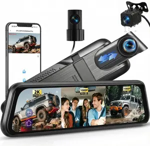 9.66 Inch 2K Car Rearview Mirror Dash Cam - Viidure WiFi IPS Touch Screen, Front 2K+Inside&Rear 1080P Dual Lens, BSD+LCA Blind Spot Warning, Night Vision & G Sensor