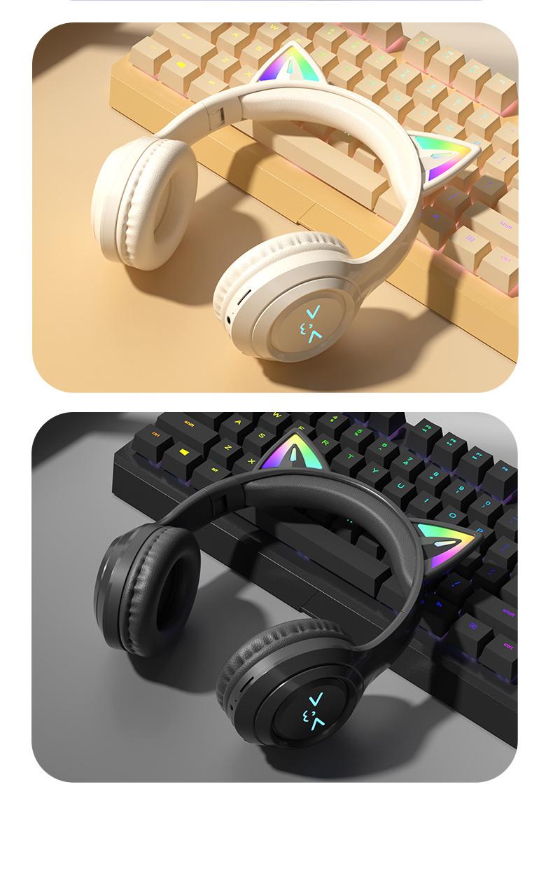 Wireless Bluetooth Cat Ear Headphones with Mic LED Light Foldable Over Ear Headset for Mobile Phone Laptop and Computer Cute Gift for Kids Teens and Adults