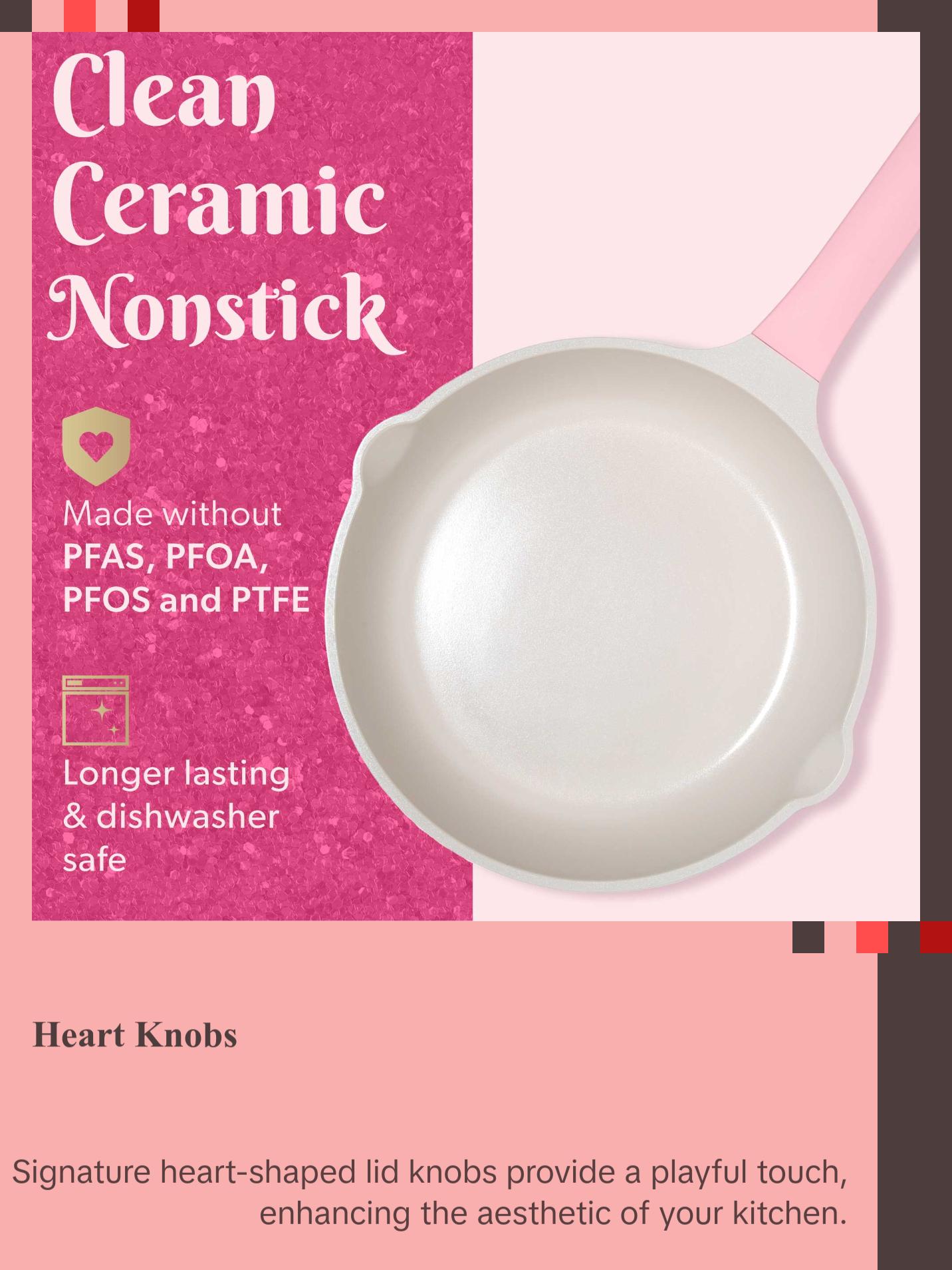 Paris Hilton Clean Ceramic™ Nonstick Cookware Set 10-Piece Cast Aluminum with Heart Knobs Soft Pink Finish Dishwasher Safe