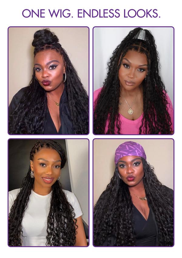 Luvme Braided Wig Knotless 26'' Braids Wig Boho Briaded Wigs Box Braid Human Hair Curls Flexi-Fit Invisi Drawstring Cap HD Full Lace Super Natural Scalp