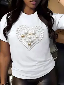 1pc Women'S T-Shirt with a Heart-Shaped Pearl Design - Casual Round Neck, Short Sleeves, Perfect for Summer Fashion, Women'S Top