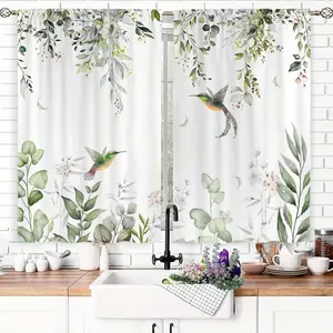 2-Panel Sage Green Eucalyptus Leaves & Watercolor Floral Hummingbird Blackout Curtains - Short Cafe Tier Rod Pocket Drapes, 100% Polyester Machine Washable for Kitchen Living  Home Decor, Kitchen Curtains Foldable Colorful Room Divider