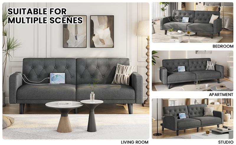 Yaheetech 63in Convertible Futon Sofa Bed Couch Split-back Sleeper w/ USB Ports for Living Room, Guest Room, Apartments, Guest Rooms